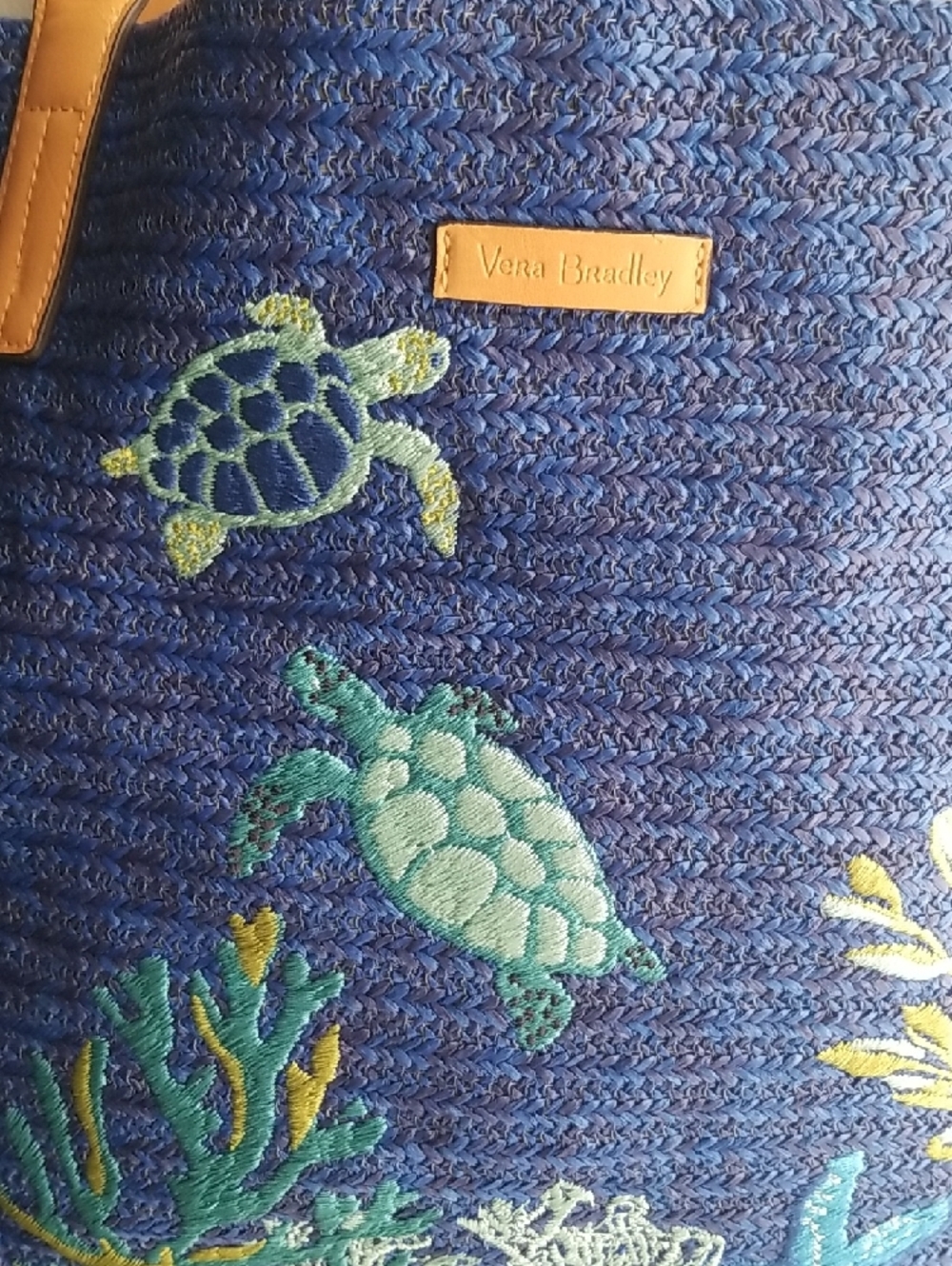Vera Bradley Navy Blue Embroidered Sea Turtle Tote with Tan Straps - Picture 4 of 9